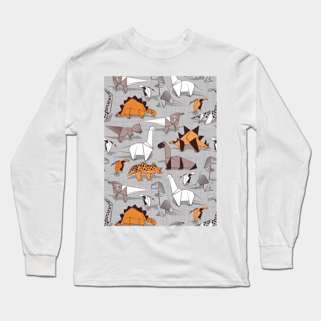 Origami dino friends // pattern // grey linen texture background orange white and beige dinosaurs Long Sleeve T-Shirt by SelmaCardoso